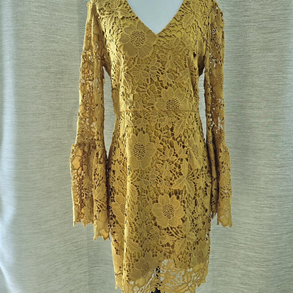 Cynthia Steffe Floral Lace V-Neck Dress, Mustard, Size 4